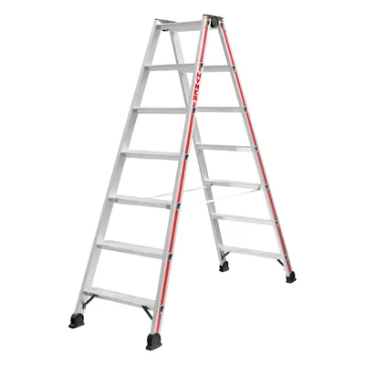 Produktbild von Hymer Stufenstehleiter, beidseitig begehbar, 2x7 Stufen, senkr. Höhe 1,61 m, Reichhöhe 3,12 m, Gewicht 8,0 kg