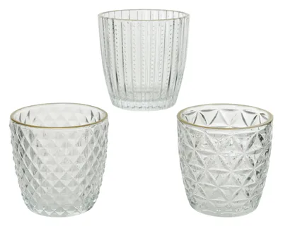 Produktbild von Teelichthalter Glas 7,5cm mit Relief & Goldrand 1 Stück sortiert Klar