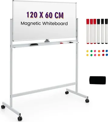 Produktbild von 120 x 60 cm, doppelseitiger Magnettafel mit Rollen, 360° hoehenverstellbar mit 6 Markierungen, 12 Magneten und 1 Radiergummi, Wendetafel für Büro, Zuhause, Schule (Weiss)