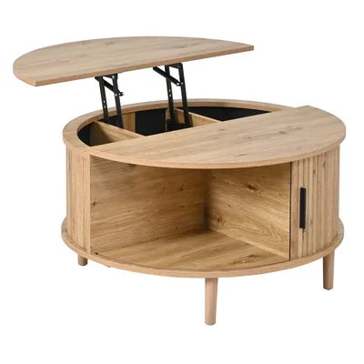 Produktbild von MODFU Couchtisch rund mit vertikalen Leisten, Wohnzimmertisch höhenverstellbar mit Stauraum, Beistelltisch mit Schiebetür, Sofatisch vielseitig, MDF+Kiefernholz,Eiche