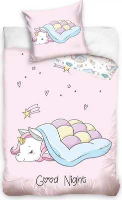 A pink unicorn bedding set with a pillow and duvet cover, featuring a sleeping unicorn and stars.