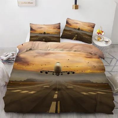 Zdjęcie produktu dla Komplet pościeli "Samolot", 220x240 cm, 3-częściowy, mikrofibra, motyw 3D: zachód słońca, z zamkiem błyskawicznym