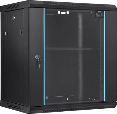 Obrázek produktu pro Síťová serverová skříň VEVOR 12U pro montáž na stěnu, hloubka 15,5", skříň serverového rozvaděče, cca 91 kg. Nosnost na podlahu, s uzamykatelnými skleněnými bočními panely dveří, pro IT zařízení, A/V zařízení