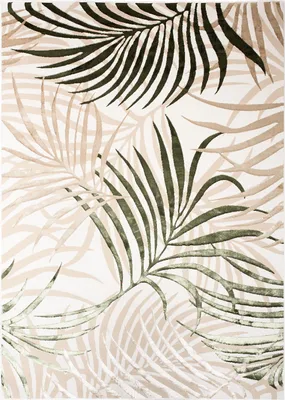 A close-up view of a rug with a palm leaf pattern.