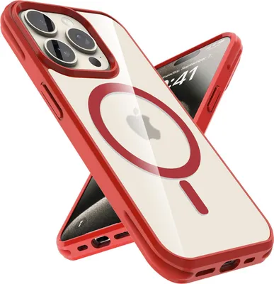 Immagine prodotto di Custodia per Apple iPhone 15 PRO MAX Custodia protettiva in ROSSO compatibile con MagSafe con retro trasparente
