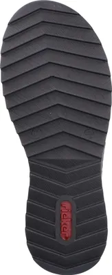 The sole of a black shoe with a red logo.