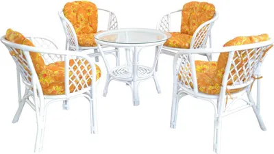 Produktbild von Rattansitzgruppe mit Kissenauflagen 9-Teilig, weiß/ocker Sonnenblumenmotiv