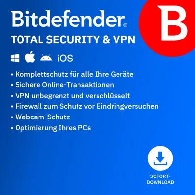 Marketing image for Bitdefender Total Security & VPN software, listing features and compatibility.