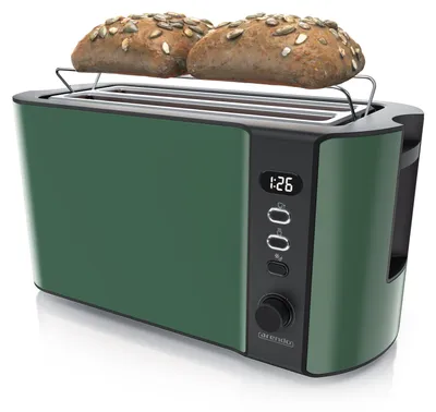 Produktbild von Arendo Toaster 4 Scheiben Edelstahl Langschliz, Langschlitztoaster, Doppelwandgehäuse, Display mit Restzeitanzeige, 1500W, Brötchenaufsatz, Defrost, mit Brötchenaufsatz