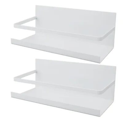Two white magnetic shelves are shown against a white background.