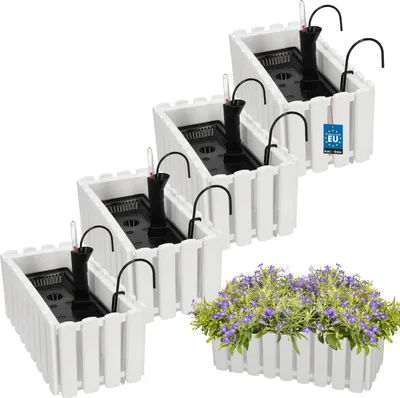 Image de KOTARBAU® 4 pcs Pot de Fleur Jardiniere de Balcon Plastique 38 x 18 x 16 cm Blanc Jardinieres Exterieur Système D'Arrosage Jardinière Suspendue