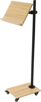 A wooden and black adjustable book stand on wheels.
