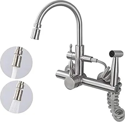 A stainless steel kitchen faucet with a pull-out sprayer, shown against a white background.