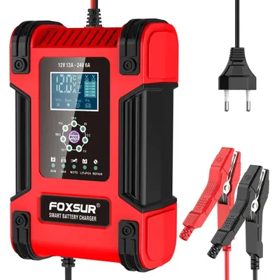 Image de Chargeur de batterie de voiture - Chargeur de batterie intelligent 12V 12A - Automatique - Fonction de réparation par impulsion - 7 étapes - Affichage numérique - Compatible avec les batteries plomb-acide, AGM, Gel et lithium - Rouge