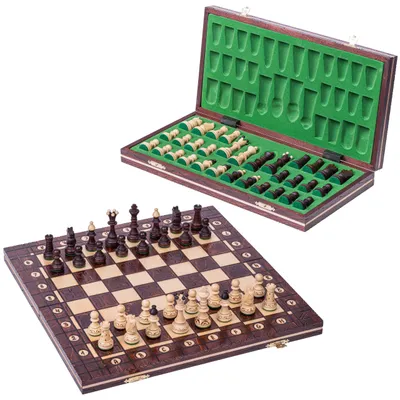 A wooden chess set with pieces on the board and a case with pieces stored inside.