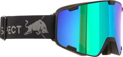 A pair of ski goggles with a black strap and a mirrored lens.