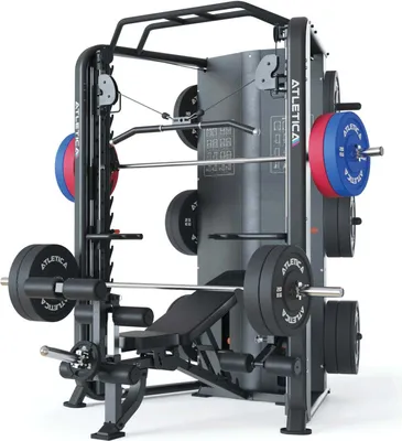 Produktbild von ATLETICA DarkStar | SET mit B2 LegMaster & 70kg Bumper Plates | Premium Smith Maschine Multipresse | INKLUSIVE B2 Legmaster Hantelbank & 70kg Plates