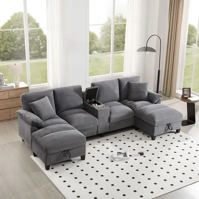 Immagine prodotto di Divano angolare a U Merax a 4 posti, con base letto, portaoggetti, portabicchieri, USB, cuscini, divano modulare, rivestimento in velluto a coste, divano, set di divani, grigio