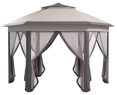 Obrázok produktu pre Skladací pavilón 4 x 4 m – Pop-up párty stan – Dvojitá šesťuholníková strecha – 6 bočných stien – Taška na prenášanie – Kávová/béžová