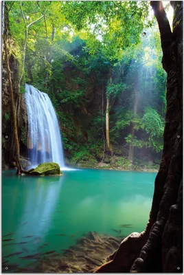 Produktbild von Wallario Outdoor-Poster für Garten oder Balkon, Motiv Wasserfall im Wald am See  Idylle in Thailand, in ca. 61 x 91,50 cm