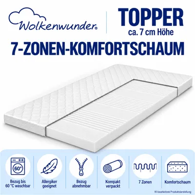 Produktbild von Wolkenwunder Wellflex XXL 7-Zonen-Topper 140 x 200 cm, extra fest, ca. 7 cm hoch, Bezug waschbar bis 60 °C