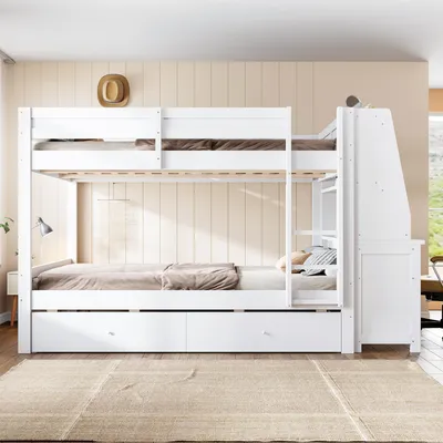 Obrázek produktu pro Postel pro mládež okwish, rozměry 140x200 cm, s integrovaným pracovním stolem a zásuvkami, patrová postel se skříní po straně, rám postele v bílé barvě, bez matrace