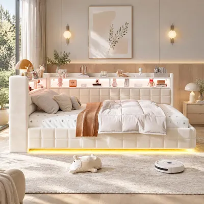 Obrázek produktu pro Postel INONEFT, čalouněná, rozkládací pohovka, 140x200 cm, s LED osvětlením a USB porty, hydraulická postel s úložným prostorem, čalouněná čelo postele, rošt, samet, béžová barva