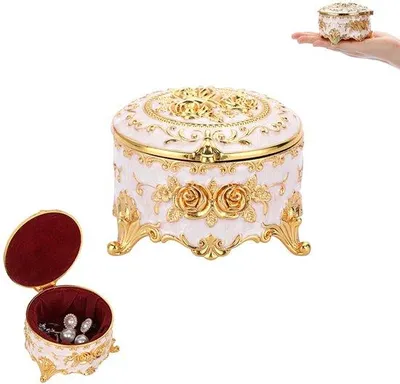 Image de Boîte à bijoux en métal - Boîte à bijoux à motif de roses - Boîte à bijoux en métal - Boîte à bijoux pour bijoux et petits objets - Boîte à bijoux - Range-bijoux - 1 pièce (blanc + doré) - 8 x 8 x 5 cm