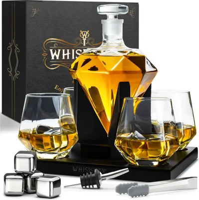 Produktbild von Whisiskey – Whisky Karaffe Set - Whiskey Geschenke für Männer – Diamant Dekanter 1000ML, Geschenkbox, Whisky Gläser, Whiskey Steine, Zubehör