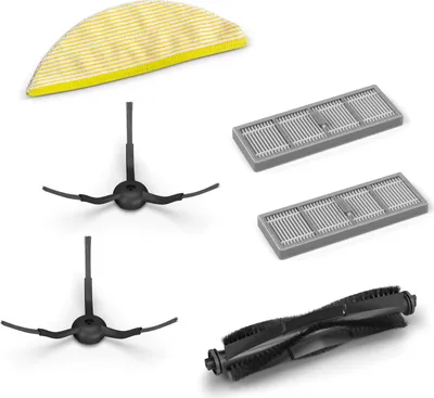 A collection of Kärcher RCV 5 robot vacuum cleaner accessories, including a mop pad, side brushes, filters, and a main brush.