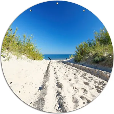 Produktbild von Wallario rundes Outdoor-Poster für Garten oder Balkon, Motiv Auf dem Sandweg zum Strand - Blauer Himmel über dem Meer, 120 cm Durchmesser
