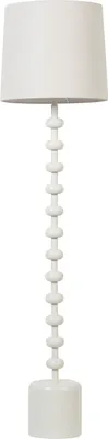 A white floor lamp with a drum-shaped fabric shade and a decorative beaded stem, shown against a white background.