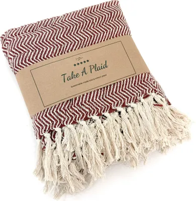 Produktbild von Heimtexland ® Hochwertige Strick Kuscheldecke Fransen Wohndecke Boho Wolldecke 100% Baumwolle Sofadecke 180x130 weich und warm Strickdecke natur Typ912 Chevron rost - 1 Stück