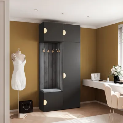 Produktbild von Garderobe ARIA 10 112 cm Schwarz Gepolstert Graphit Soft-Close Moon Griffe Gold