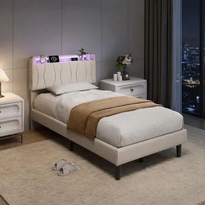 Produktbild von ProximaX Polsterbett 90 x 200 cm mit Ladefunktion (USB & Type-C) & LED, Einzelbett mit Stauraum im Kopfteil und Lattenrost, Beige