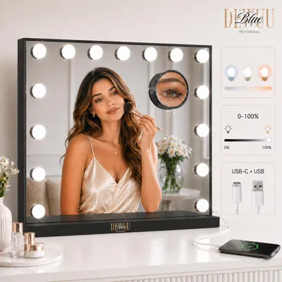 Produktbild von Schminkspiegel Hollywood Make-up mit Beleuchtung 58x48 cm 15 LED Lichtfarbe 10x Vergrößerung Schwarz, KI-generiertes Bild