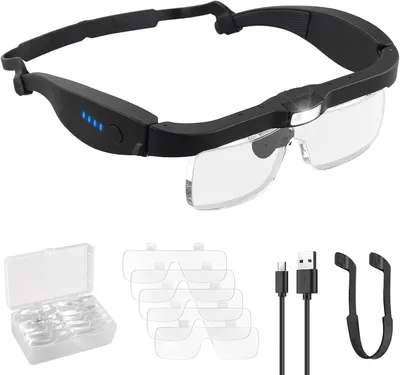 Produktbild von Lupenbrille mit Licht, LED Kopflupe, Kopfbandlupe, Stirnlupe, Brillenlupe, 5 Linsen 0.75-1.25-2-3-4X, für Reparatur Juweliere Nähen Handwerk