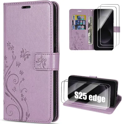 Image de Coque + 2 Verres Trempés pour Samsung Galaxy S25 Edge, Protection Anti-Rayures CuirPolyuréthaneViolet Motif Floral