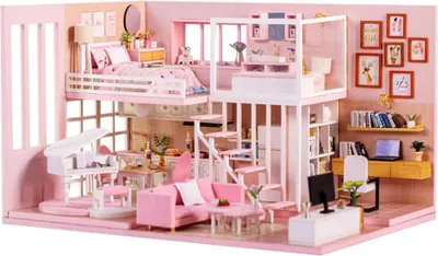 Produktbild von Habarri | Miniaturhaus - DIY-Puppenhaus - Holzhaus mit Möbeln und LED-Beleuchtung - Geschenk für Kinder - Prinzessinnentraum