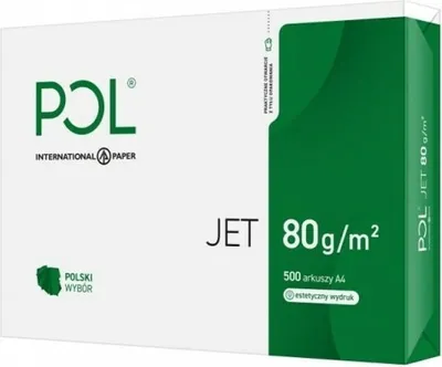 A product shot of a ream of POL International Paper JET 80g/m² A4 paper.
