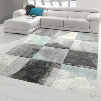 Image de Tapis de salon à carreaux abstraits gris bleu Taille - 240 x 340 cm