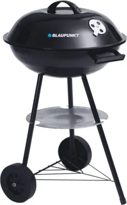 A black Blaupunkt round grill with a lid, standing on a white background.