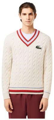 Produktbild von Lacoste - Pullover Top für Herren/Damen Uni, Gerippter Ärmelaufschlag, Mit Zopfmuster, Regulär GT25482 (XXS) (Cremefarbe/Rot)