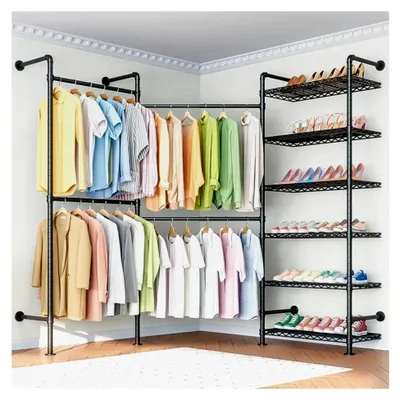Produktbild von Teleskop Kleiderständer mit verstellbarem Regal und Metallkleiderstange für Wandmontage