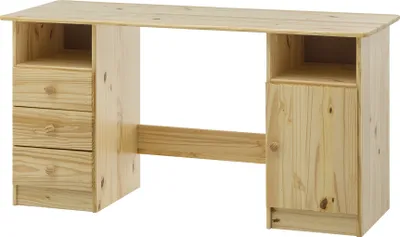 Produktbild von Möbilia Schreibtisch | 3 Schubladen, 1 Tür, 2 offene Fächer | Kiefer-Holz massiv | B 144 x T 54 x H 73 cm | natur | 19020015 | Serie SCHREIBTISCH