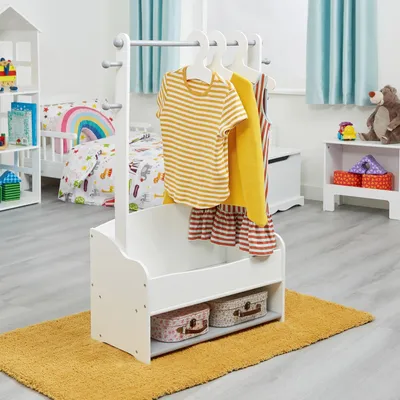 Image de Porte-vêtements en bois pour enfants, étagère avec compartiments de rangement – BLANC/GRIS
