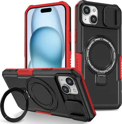 Produktbild von Handyhülle für iPhone 15 /iPhone 14 Kompatibel mit MagSafe, Robuste Hülle mit Schiebe Kamera Schutz, Magnetischer Ringständer Schwarz Rot