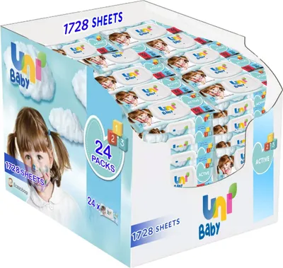 Produktbild von Uni Baby Feuchttücher Kind 1728 Tücher (24x72) Duftende Feuchttücher box, getestete Babyfeuchttücher sensitive, ohne Alkohol, SLS, SLES