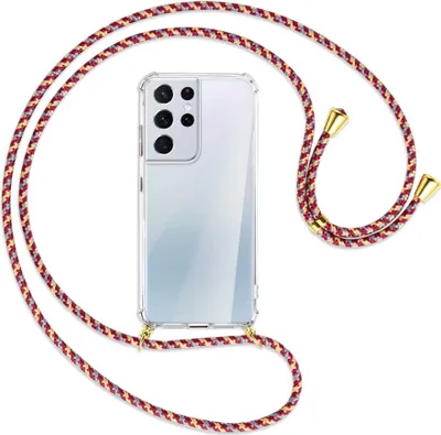Produktbild von Handykette Backcover-Schutzhülle mit Band (Metall goldfarben) für Samsung Galaxy S21 Ultra 5G - weinrot/gelb/grau