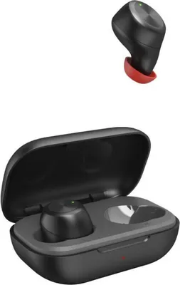 A pair of black wireless earbuds with red ear tips, one shown separately and the other in its open charging case.